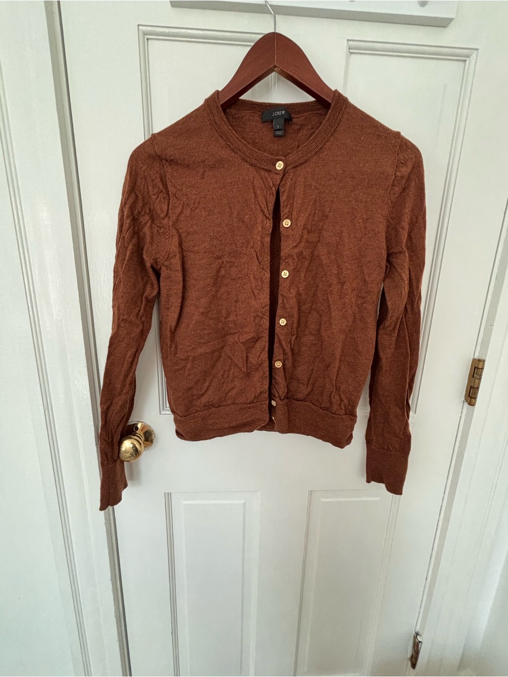 J. Crew Brown Gold-Button-Up Crewneck Cardigan - wool cashmere blend - chic M/L
